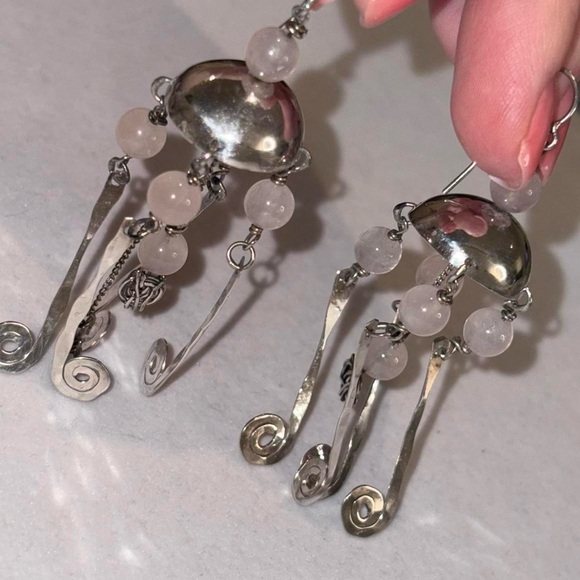 925 Sterling Silver Rose Quartz Jellyfish Dangly Statement Unique Earrings - Picture 2 of 6